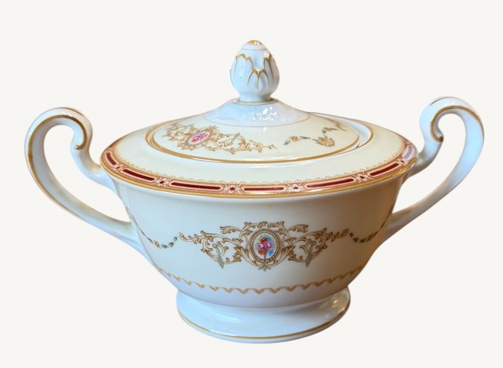 Vintage Noritake N662 Covered Sugar Bowl Floral Medallion Red Mustard Japan